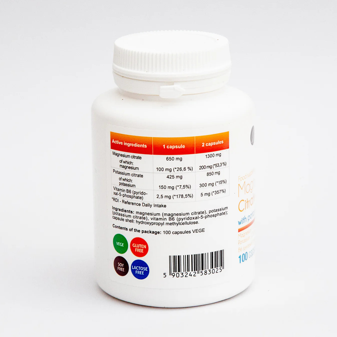 Magnesium Citrate with Potassium and Vitamin B6 (P-5-P) - 100 vegan capsules