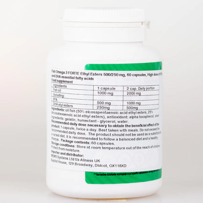 Fish Omega 3 FORTE Ethyl Esters – 500 mg EPA / 250 mg DHA – 60 Capsules