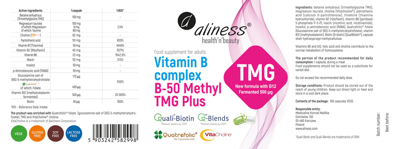 Witamina B Complex, B-50 Methyl, TMG Plus – 100 Kapsułek